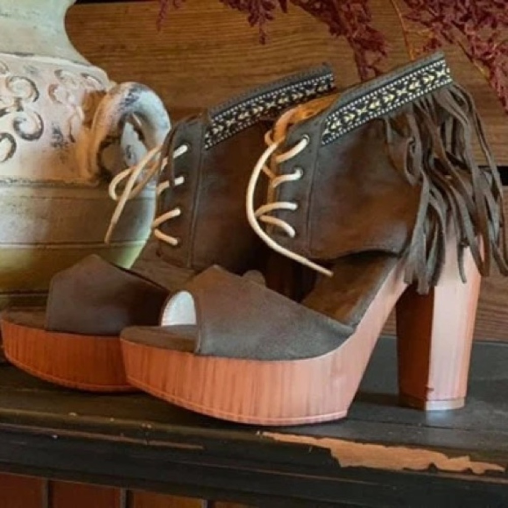 Dark Green Pavlina Suede Fringe Heels New with box